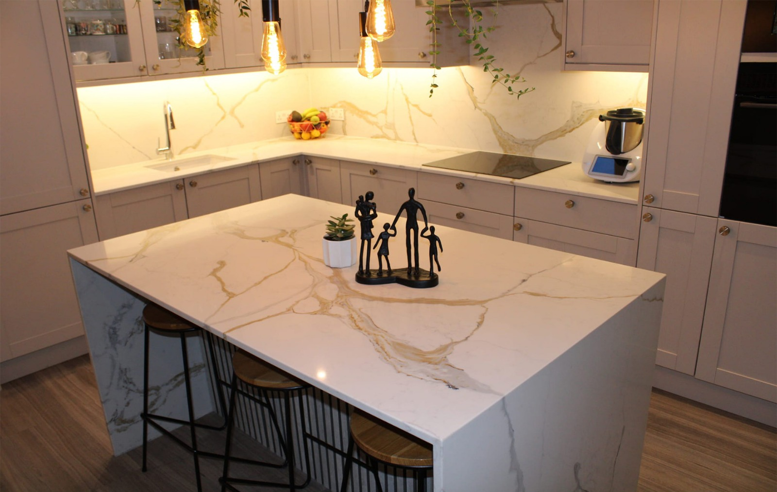 Dream Stone kitchen with iStone book-matched slabs