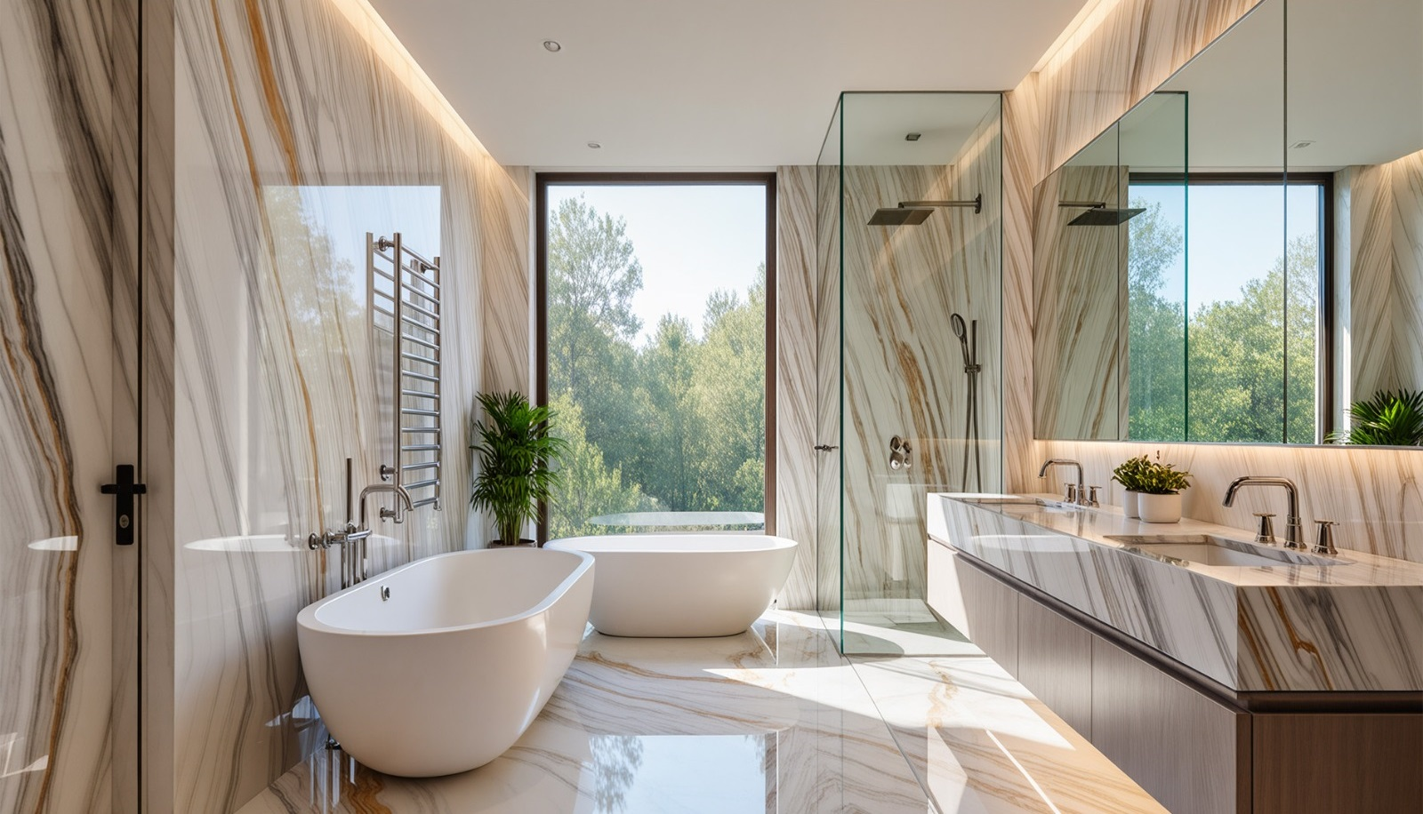 Bathroom design with exotic stone materials and porcelain option