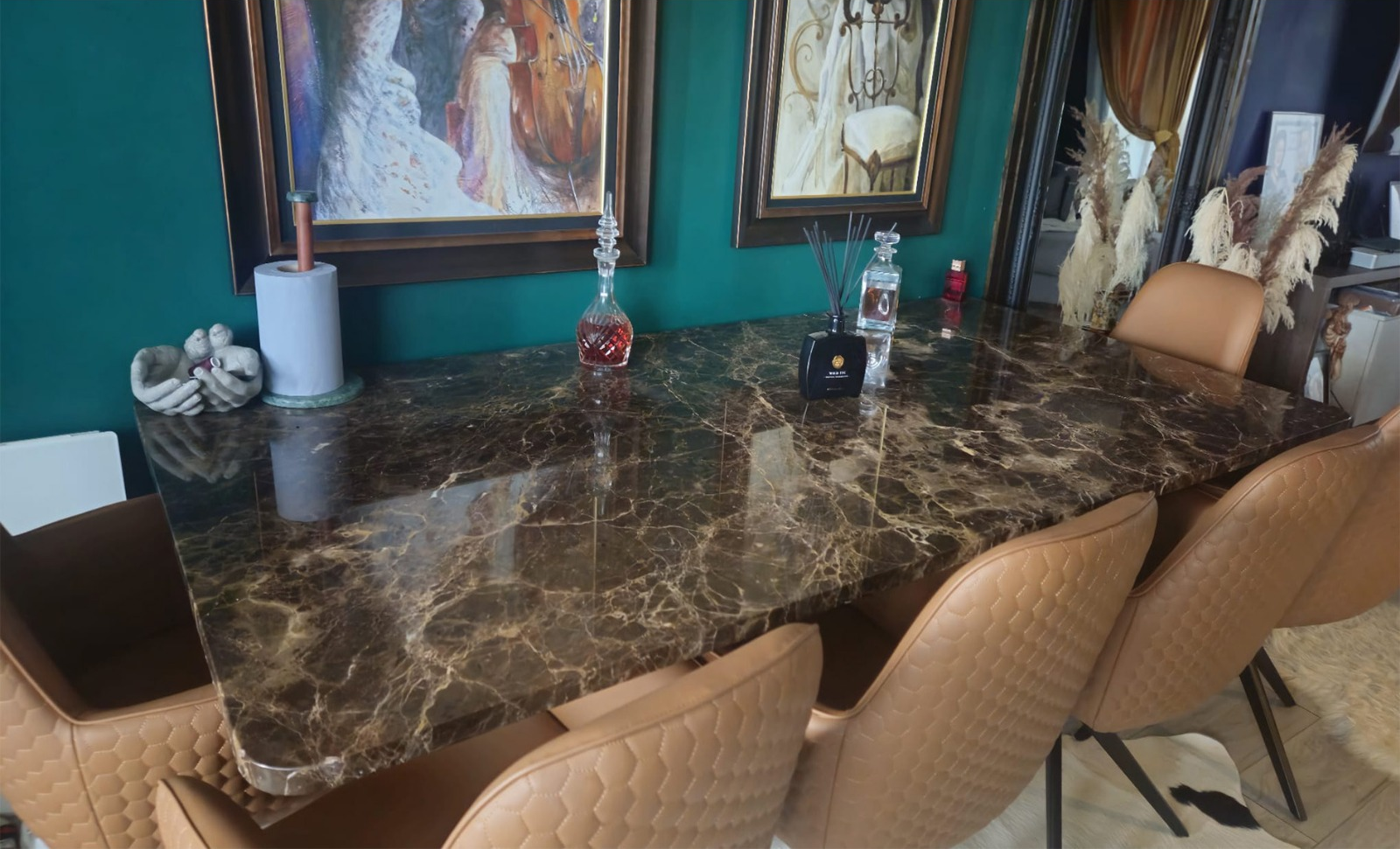 Dining table crafted in exotic stone