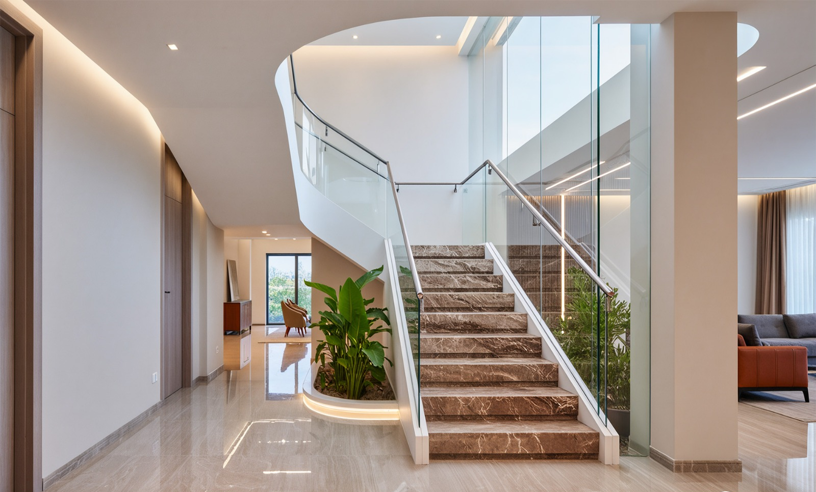 Interior staircase with stone finish